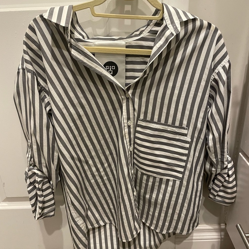 Button down gray and white striped blouse -only worn once!